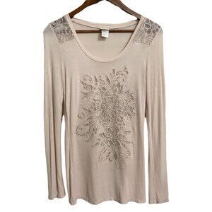 Daytrip Womens Cream Lace Semi Sheer Inset Long Sleeve Round Neck Blouse Small